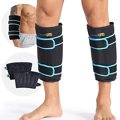 SuzziPad 360 Cold Pack for Calf Shin Arm Elbow Ice Wrap with DualCover Design Adjustable Velcro Straps Leakproof Reusable Cold Compress for PostWorkout Recovery 2 Packs Black